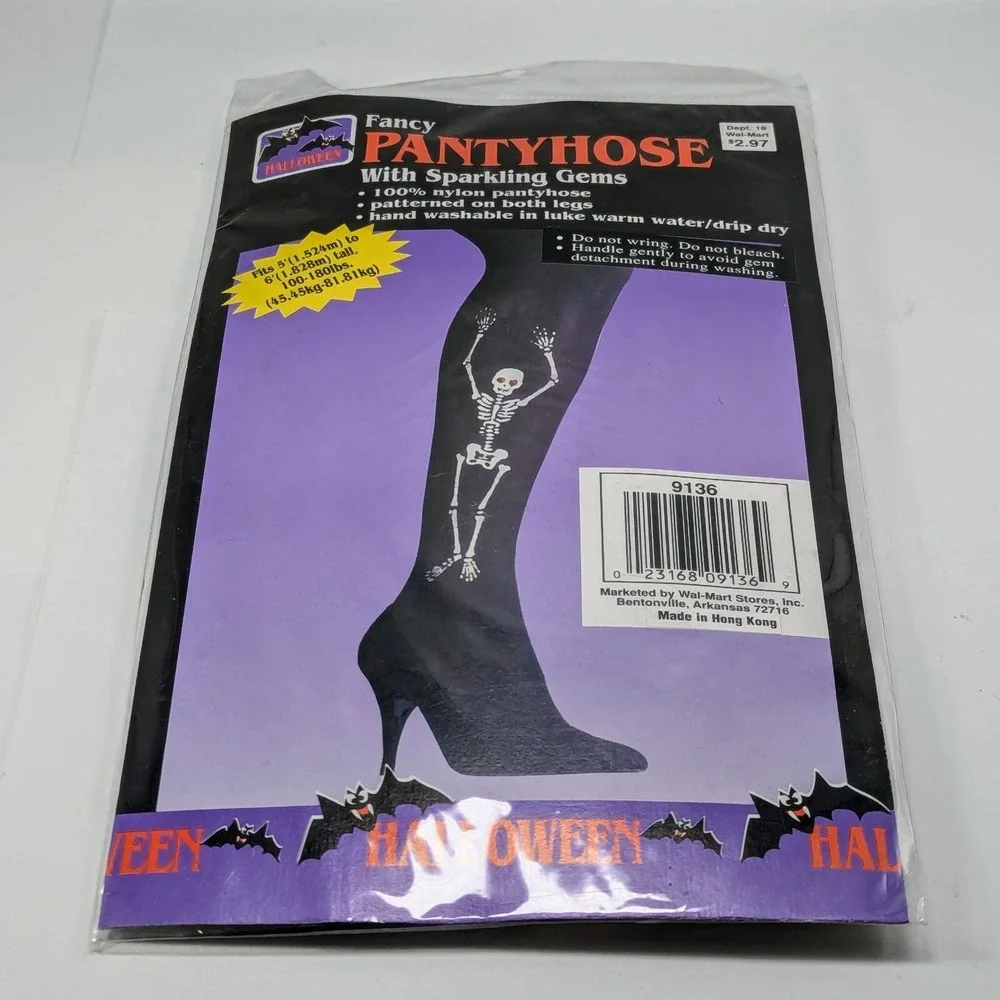 VTG 1997 Halloween Skeleton Sparkling Gems Black Panty Hose Walmart NOS‎ GOTH